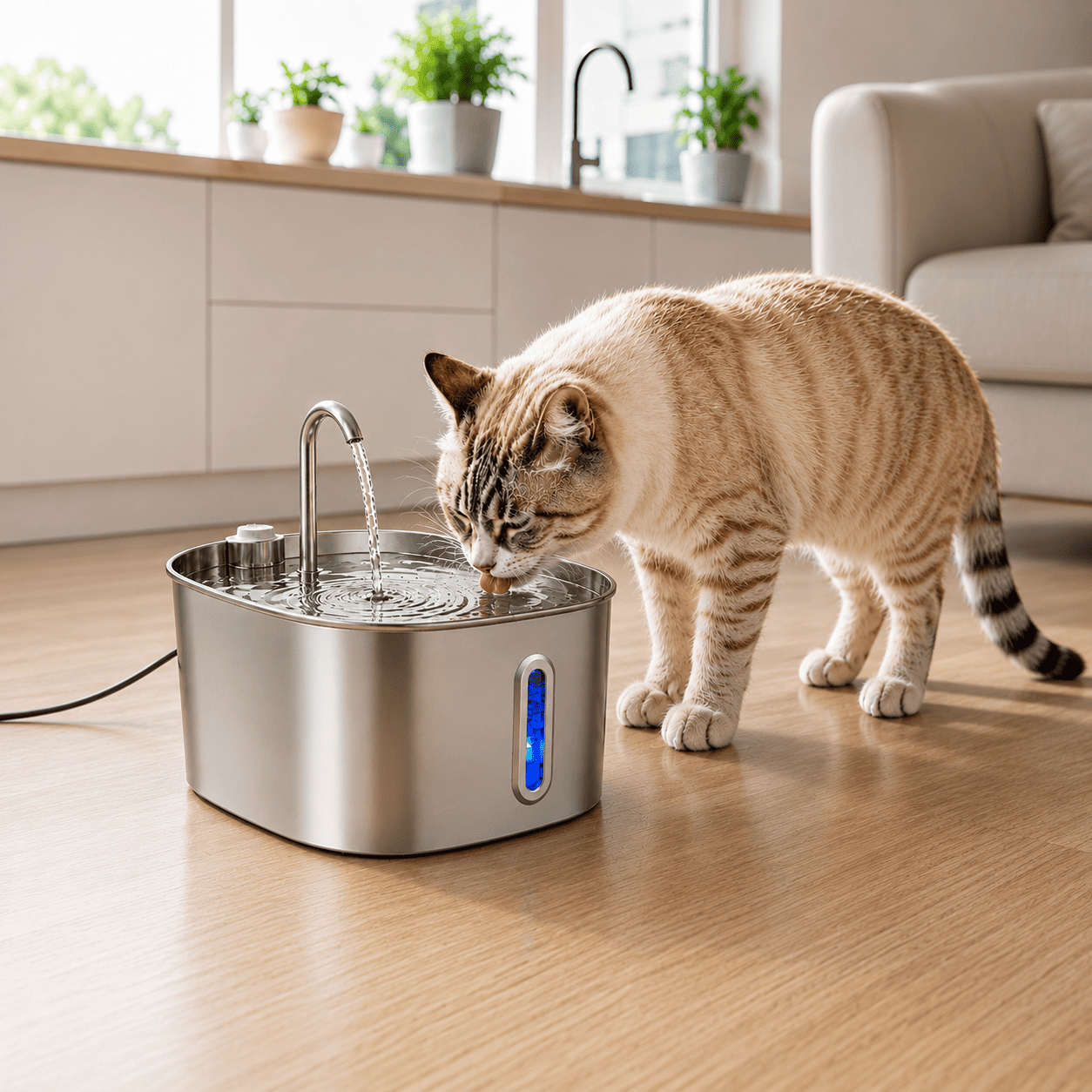 Gato bebiendo de la fuente PetBloom Hydra